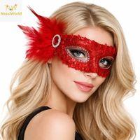 Kırmızı Taşlı Venedik Parti Maskesi – Tüylü Payetli