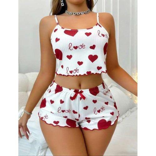 Beyaz Üstüne Kırmızı Kalp Desenli Askılı Şortlu Pijama Takımı