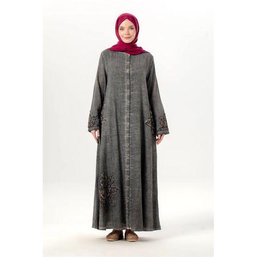 Uzun Kol Nuray Düğmeli Yuvarlak Yaka Çift Cepli Poplin Ferace Füme Fm