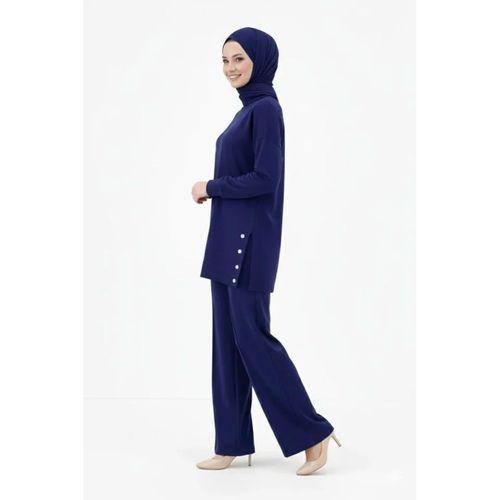 Osy Modal Yumuşak Dokulu Kumaş Modern Tesettür Takım Yandan Metal Çıtçıtlı Uzun Tunik Pantolon Set Salaş Kalıp - Lacivert