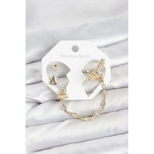 Pirinç Gold Renk Yıldızlı Model Zincir Bağlantılı Ear Cuff Küpe Seti