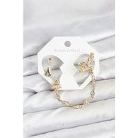 Pirinç Gold Renk Yıldızlı Model Zincir Bağlantılı Ear Cuff Küpe Seti