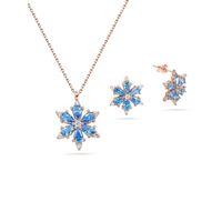 925 Ayar Lotus Çiçeği Aquamarin Taşlı Rose Gümüş Kolye Küpe Set