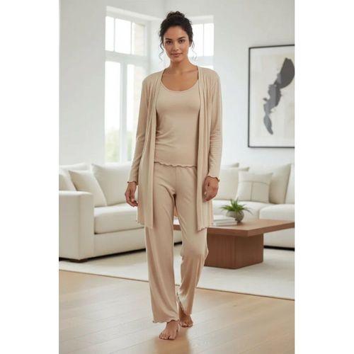 Kadın Bej Kısa Kimono 3’lü Takım Yumuşak Dokulu Şık Rahat Ev Giyim Seti