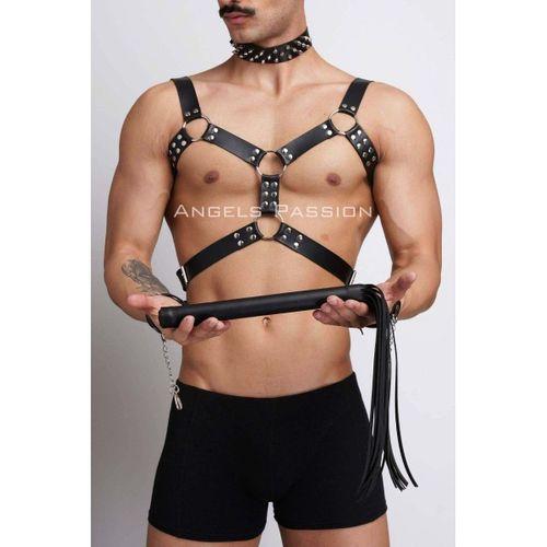 Kırbaç Ve Çivili Choker Detaylı Erkek Fantazi Giyim, Deri Erkek Harness Takım - Brfm102