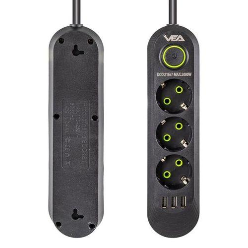 Vea VA-21557 3'lü 3 USB'li 1.5 Metre Akım Korumalı Priz Siyah