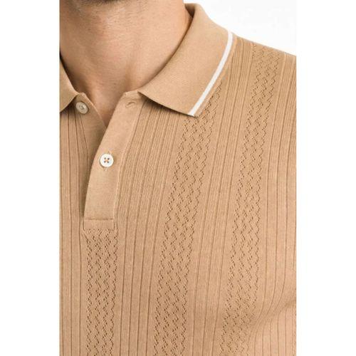 Erkek Düğmeli Yaka Triko Dokuma Tişört Desenli Yazlık Şık Günlük Triko Tişört - Kahverengi