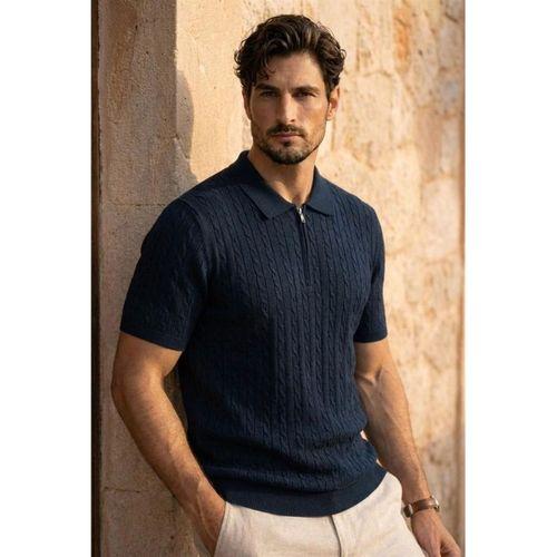 Burke Saç Örgü Yarım Fermuarlı Kısa Kollu İnce Triko Erkek T-Shirt - Lacivert