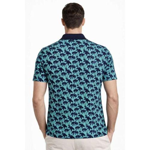 Erkek Pike Kumaş Polo Yaka Palmiye Desenli Tişört Kısa Kol Yazlık T-Shirt - Turkuaz