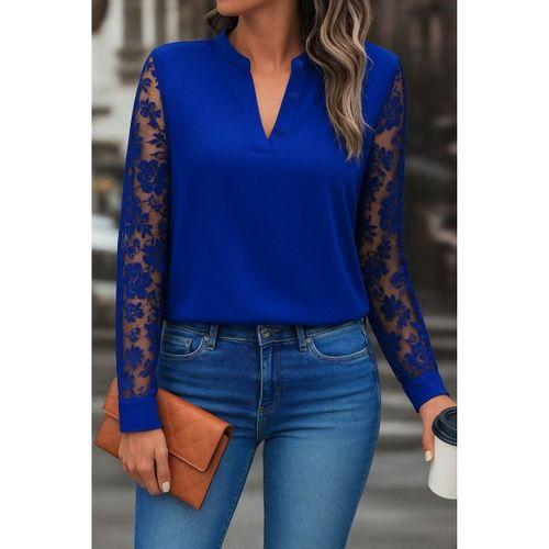 Kadın Uzun Kollu Yaka Düğme Detay Güpürlü Kol Krep Bluz