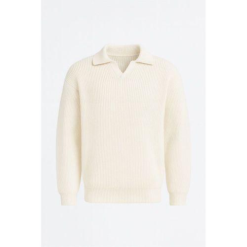 Oversize Gömlek Polo Yaka Selanik Örgülü Erkek Triko Kazak - Ekru