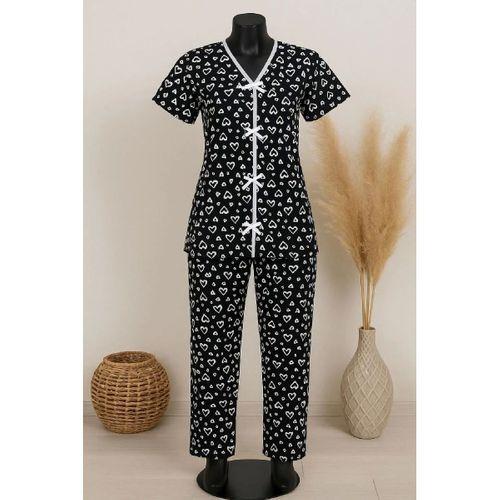 Kadın Siyah Beyaz Kalp Desenli Kısa Kollu Şık Pijama Takımı