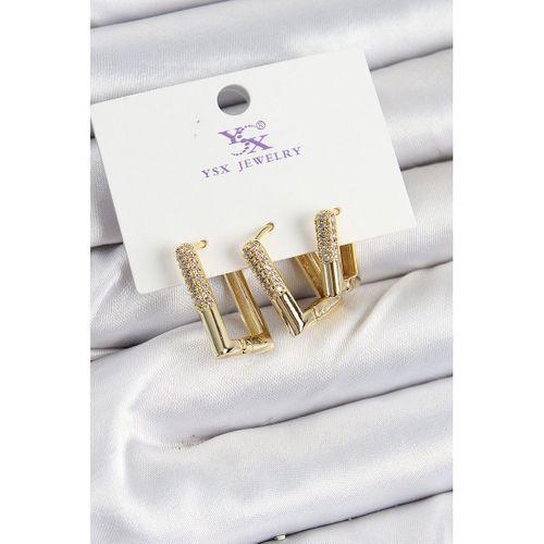 Pirinç Zİrkon Taşlı Dikdörtgen Model Gold Renk 3'lü Kadın Küpe