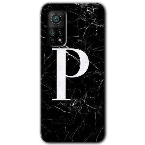 MRCİLETİSİM Xiaomi Mi 10T Kılıf Baskılı Kapak - Siyah Mermer Desenli P Harfi + 5D Tam Kaplayan Cam
