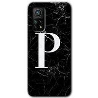 MRCİLETİSİM Xiaomi Mi 10T Kılıf Baskılı Kapak - Siyah Mermer Desenli P Harfi + 5D Tam Kaplayan Cam