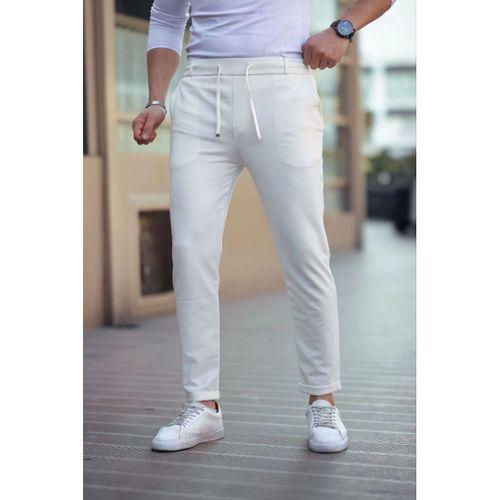 Erkek Diagonel Mikro Dokulu Cepli Beli Lastilki Pantolon - Beyaz