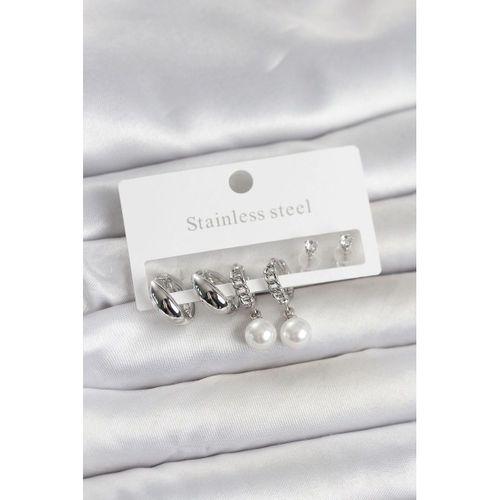 316L Çelik Gümüş Renk inci Halka Detaylı Kadın Küpe Seti