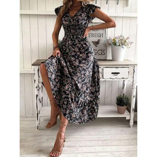 Kadın Kısa Kollu Kruvaze Yaka Beli Lastikli çiçek Desenli Elbise