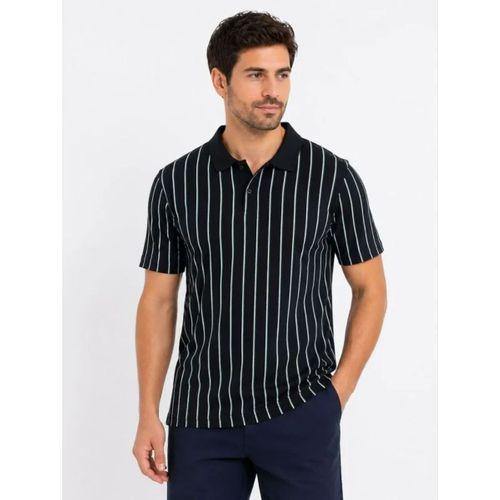 Erkek Pike Kumaş Çizgili Polo Yaka Tişört Kısa Kol Yazlık T-Shirt - Siyah
