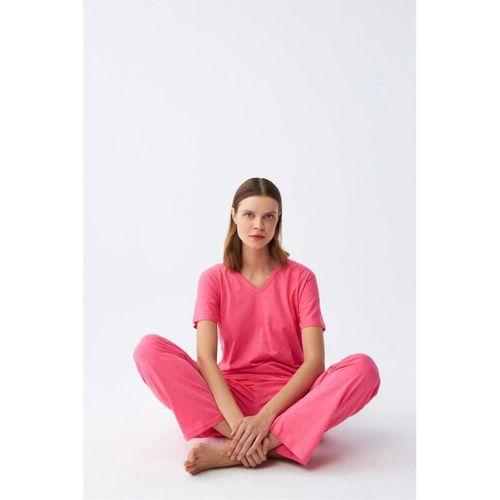 Kadın Kısa Kol Pamuk Penye Pijama Takım Fuşya