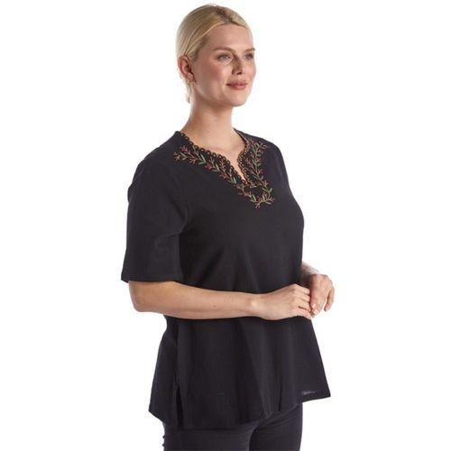 Şile Bezi Kısa Kol Siyah Nakışlı V Yaka Yazlık Otantik Bluz