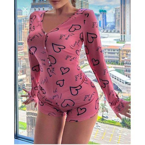 Pamuklu Pembe Siyah Kalp Desenli Düğmeli Uzun Kol Tulum Pijama