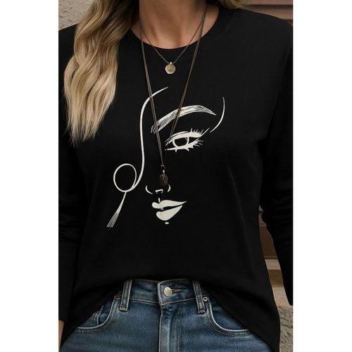 Kadın Uzun Kollu Bisiklet Yaka Yüz Desenli Viskon Bluz