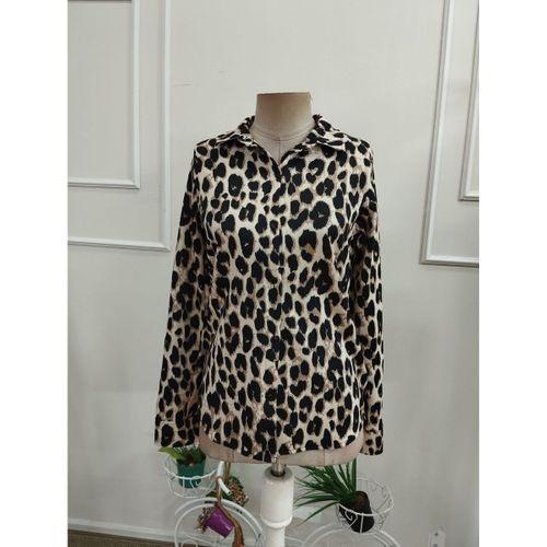 Kadın Uzun Kollu Yakalı önden Düğmeli Leopar Desenli Modal Gömlek Bluz
