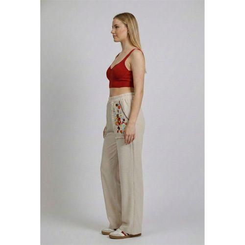 Beli Lastikli Hülya Çiçek Desenli Otantik Çift Cepli Yazlık Keten Pantolon Krem Krm