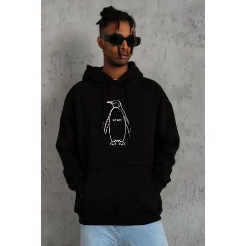 Erkek Nihilist Penguen Özel Tasarım Oversize Kapüşonlu Sweatshirt - Siyah
