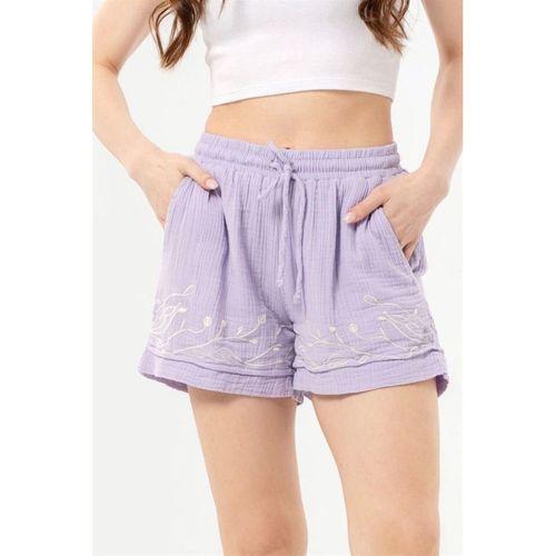 Beli Lastikli Cunda Çift Cepli Yazlık Nakışlı Müslin Mini Şort Lila Lila