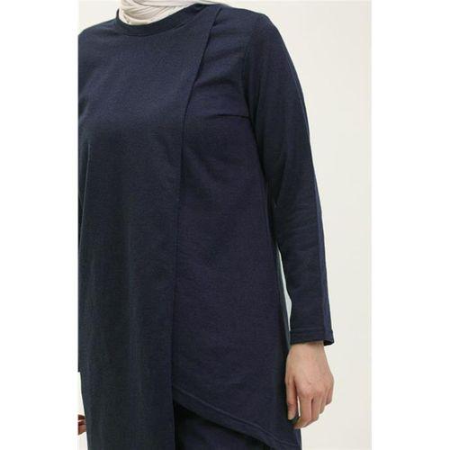 Kruvaze Bisiklet Yaka Sade Basic Tunik Panolon İkili Takım - 03076.202 - Açık Lacivert