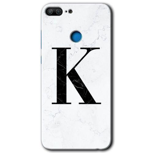 MRCİLETİSİM Honor 9 Lite Kılıf HD Desen Baskılı Arka Kapak + Temperli Cam - Beyaz Mermer Desenli K Harfi