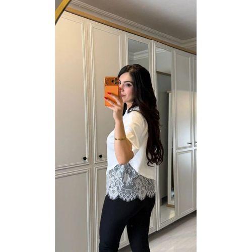 Kısa Kollu Bısıklet Yakalı Dantel Detaylı Vıskon ıkı ıplık Bluz