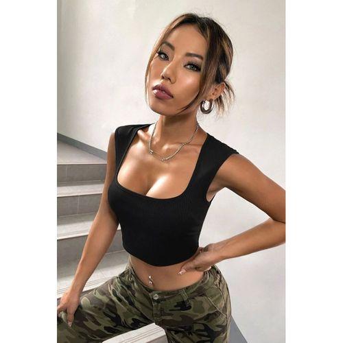 Kadın Siyah Modern Fit Kare Yaka Kalın Omuz Detaylı Crop Top Bluz