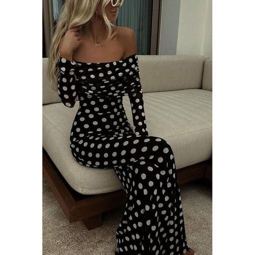 Puantiyeli Tül İçi Astarlı Madonna Yaka Maxi Boy Elbise