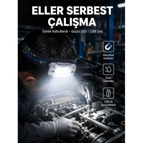 Beyaz Led Işık Sensörlü Kafa Lambası Lityum Batarya Led El Fenerli Şarjlı