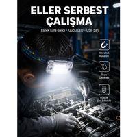 Beyaz Led Işık Sensörlü Kafa Lambası Lityum Batarya Led El Fenerli Şarjlı