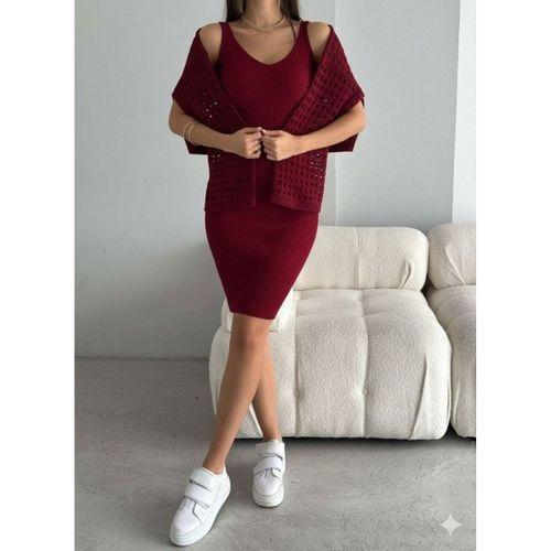 Kadın Uzun Kollu Delikli Kazak Askılı Elbise Triko Ikili Takım