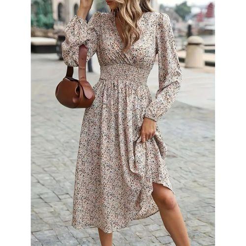 Kadın Uzun Kollu Kruvaze Yaka Beli Lastikli Kiloş Desenli Midi Süprem Elbise