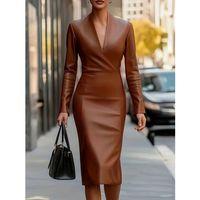 Kadın Uzun Kollu V Yakalı Deri Midi Elbise