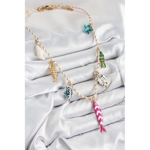 Seramik Motifli Pembe Balık Figürlü Model Krem İp Kadın Kolye