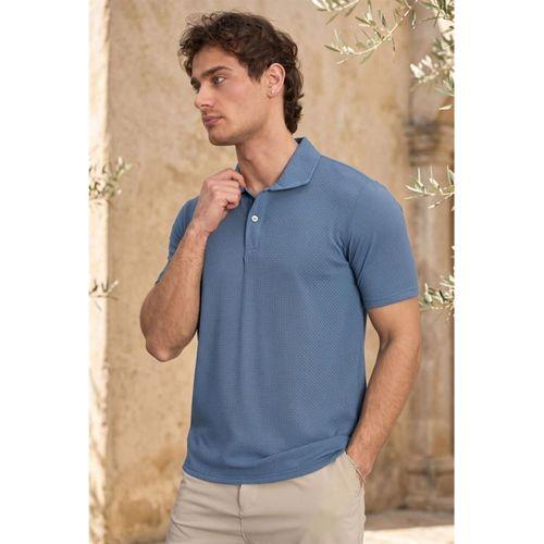 Evenor Kabartma Desenli Polo Yaka Düğmeli Relaxed FitYumuşak İnce Erkek T-Shirt - Mavi