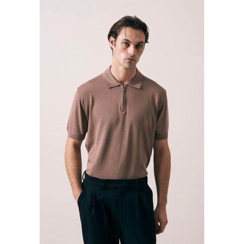 Linus Fermuarlı Polo Yaka Kısa Kollu İnce Triko Erkek T-Shirt - Kahve