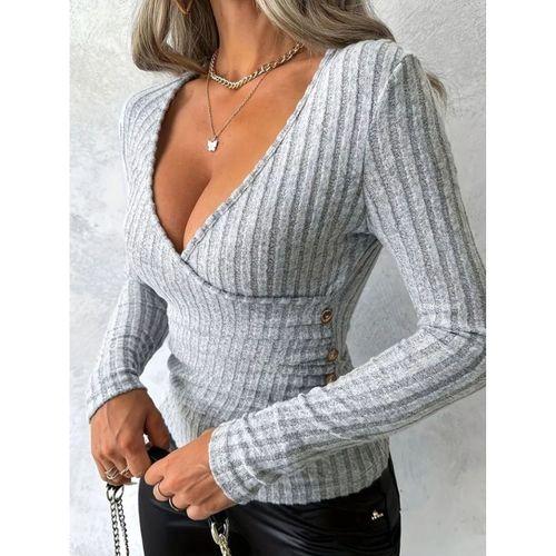 Kadın Uzun Kollu Kruvaze Yaka Yandan Düğme Detaylı şardonlu Kaşkorse Bluz