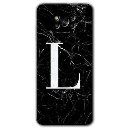 MRCİLETİSİM Poco x3 Pro Kılıf Kapak - Siyah Mermer Desenli L Harfi +Hayalet Ekran Yandan Gözükmez