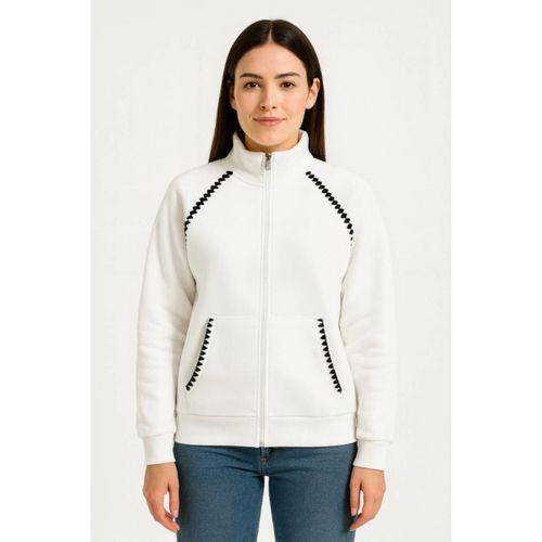 Oversize Dik Yaka Fermuarlı Sweatshirt - Zincir Nakışli Kanguru Cepli, - Beyaz