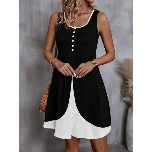 Kadın Askılı Yuvarlak Yaka önden Düğmeli çift Renkli Viskon Elbise