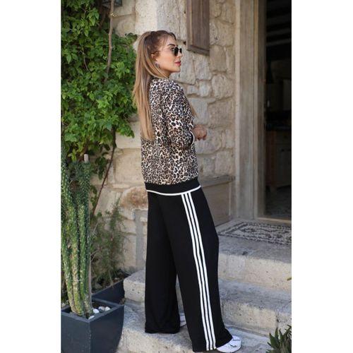 Kadın Uzun Kollu Bisiklet Yaka Leopar Desenli Iki Iplik Bluz Ve Viskon Iki Iplik Pantolon Ikili Takım