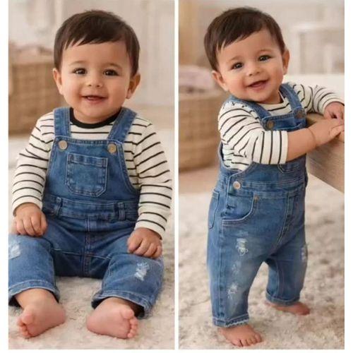 6-18 Ay Çizgili Badili Kot Salopet Bebek Takımı